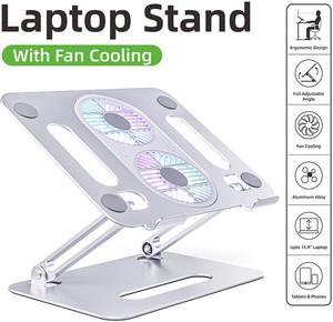 Aluminum Laptop Cooling Pad with Dual High-speed Fan, Foldable Computer Riser, Ergonomic Laptop Tablets Elevator for Desk, Metal Holder Compatible with 11-17.3 inch Tablet Notebook