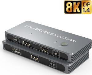 ESTONE USB-C 8K KVM Switch 8K@60Hz 4K@144Hz DP 1.4 2xUSB-C PC to One DisplayPort Monitor with 3xUSB3.0 2 PCs Sharing one Set of Mouse Keyboard Printer 2in 4out Video Converter