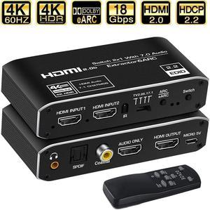 4K@60H HDMI Switch Audio Extractor, 2x1 HDMI Switcher Splitter 2 in 1 Out with Optical TOSLINK SPDIF, 3.5mm Audio, Coaxial Audio Extractor and IR Remote Control, Support 4K HDR, HDMI 2.0b, HDCP 2.3