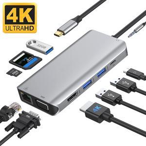 USB C Hub,ESTONE Multiport Adapter USB C Dongle for MacBook Pro, 10 in 1 USB C to HDMI Adapter with Gigabit Ethernet VGA PD Port 3 USB 3.0 SD/TF Card Reader and 3.5mm Audio for Type C Laptops and More