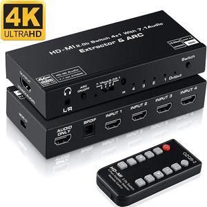 ESTONE 4X1 HDMI 2.0 Switch Audio Extractor 4K HDMI SPDIF Converter 5.1 HD-MI to HDMI to RCA Splitter Optic TOSLINK Switch Adapter