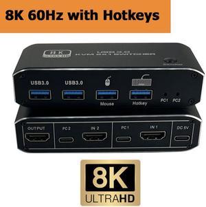 ESTONE 8K@60Hz 4K@120Hz HDMI 2.1 KVM Switch with USB 3.0 2 in 1 Out, 2 Port KVM Switch for 2 Computers 1 Monitor, 2 PCs Share 1 Set of Keyboard, Mouse, Printer for Mac, Windows