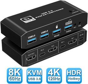 ESTONE 8K@60Hz HDMI2.1 KVM Switch 2 in 1 Out Box, with 2 Computers 1 Monitor, 2 PCs Share 1 Set of Keyboard, Mouse, 2 USB3.0 Hubs, for Mac, Windows