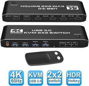 ESTONE 4K@60Hz HDMI2.0b KVM Switch 2 in 2 Out Box, with 2 Computers 2 Monitor, 2 PCs Share 1 Set of Keyboard, Mouse, 2 USB3.0 Hubs, for Mac, Windows