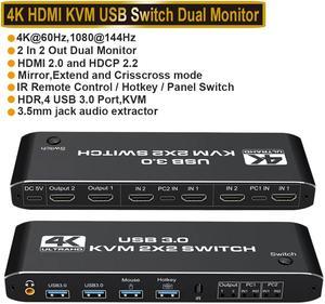 ESTONE 4K@60Hz HDMI 2.0b KVM Switch with USB 3.0 2 in 2 Out, 2 Port KVM Switch for 2 Computers 2 Monitor, 2 PCs Share Dual Monitor, 1 Set of Keyboard, Mouse, Printer for Mac, Windows