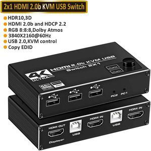 ESTONE 4K@60Hz HDMI2.0 USB KVM Switch 2 in 1 Out Box, with 2 Computers 1 Monitor, 2 PCs Share 3USB Hubs, for Mac, Windows