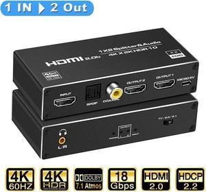 HDMI Splitter 4k@60hz , 1X2 HDMI Splitter1 in 2 Out, with audio extractor, 3.5mm, Coaxial & Optical SPDIF Audio Out, Manual HDMI Hub Supports HD Compatible with Xbox PS5/4/3 Blu-Ray Player