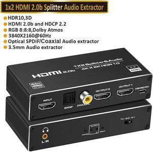 4K@60Hz HDMI Splitter 1 in 2 Out - 1x2 HDMI Display Duplicate/Mirror - 4K @ 30Hz (One Input To Two Outputs) - with audio extractor(3.5mm, Coaxial & Optical SPDIF audio out) - 1 Source to 2 Displays