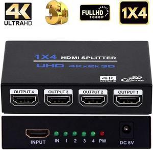 ESTONE HDMI Splitter, Duplicate/Mirror, 4K HDMI Splitter 1 in 4 Out [Metal Case, 4Port ] , Powered Splitter, 1 Source to 4 Identical Displays for TV, Projector