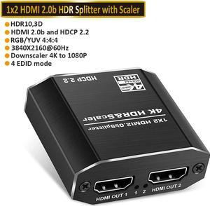 HDMI Splitter 1 in 2 Out with 4 kinds of EDID mode 4K Ver HDMI20 HDCP22 Powered HDMI Splitter Supports HDCP22 HDMI20b EDID 3D RGB 444 for Xbox PS4 PS3 Fire Stick Roku BluRay Player TV