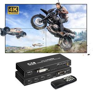 4K 2x2 Video Wall Controller Splitter (2023Version) 4X1 Quad viewer 1 HDMI/DVI Input 4 HDMI Output TV Processor Images Stitching Video Wall Processor with RS232 Control