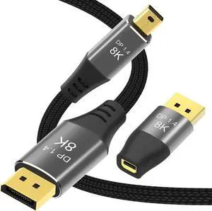 Mini DisplayPort to DisplayPort (Mini DP to DP1.4) with DP to Mini DP Adapter Support 8K@60Hz 4k@144Hz (6.6ft)