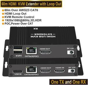 HDMI KVM USB Extender Over Cat5e/6 196ft/60M, 2 USB 2.0 Ports, Zero-Latency, Plug and Play, No Driver, Supports All Operating System, Keyboard and Mouse USB Over Ethernet