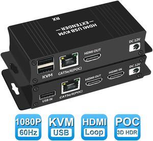 HDMI KVM USB Extender Over IP Over Ethernet  1080p HD Video Over Cat5e/6 Ethernet Cable 60m (196ft) for Mouse and Keyboard Control Remote Signals