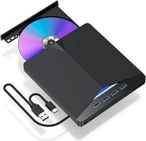 ESTONE External CD DVD Drive, 7 -in-1 USB Type C Dual Port CD Drive, DVD +/-RW CD +/-RW Writer Burner Player with 4 USB3.0 Ports TF SD Card Slots for MacBook Air, MacBook Pro, Mac OS, PC Laptop