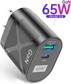 GaN 65W Fast Charger Dual Port USB C Charger PD Quick Charging for iPad Xiaomi Samsung iPhone Cell Phone Charger QC3.0 Wall Charger Adapter - Black
