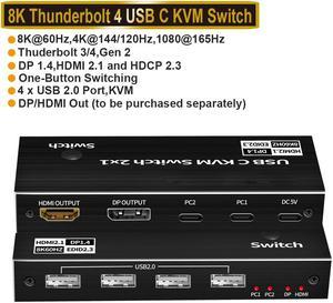 2x1 8K Type-C KVM Switch for 2 PC Share 1 Monitors, KVM USB C Switcher Support HDMI and DP Monitor Output, 2PC Share 4 USB Devices, 2 USB-C Cables Included