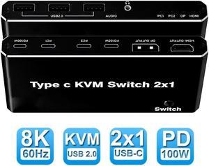 2x1 USB C KVM Switch 8K@60Hz 4K@120Hz, 2 Port Type C KVM Switch for 2 Computers Share 1 Monitor (HDMI or DP Output),2Port 100 W Power Delivery USB C KCM with 3 USB Ports + 3.5mm Audio Output