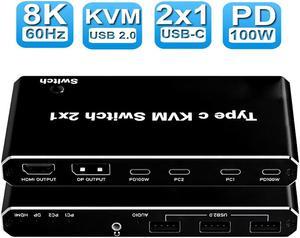 8K USB C  KVM Switch 2x1 , KVM Switch HDMI DP,USB KVM Switch for 2 Computers Sharing One HD Monitor and Keyboard Mouse, 100 W Power Delivery Support 8K@60Hz, 2 USB-C Cables Included