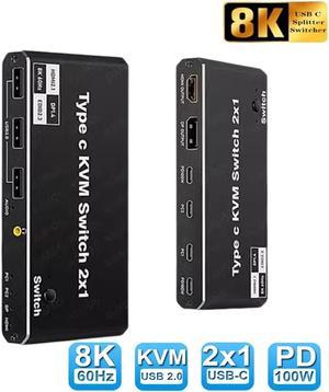 2x1 8K Type-C KVM Switch for 2 PC Share 1 Monitors, KVM USB C Switcher 100W PD Support HDMI/DP Monitor Output, 2PC Share 3 USB Devices+3.5mm Jack, 2 USB-C Cables Included