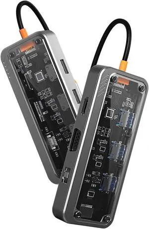 USB C HUB, Transparent Upgraded 10 in 1 Type C Hub Dongle Adapter , 3 USB-A 5Gbps, PD 100W, 1000M Network, TF/SD Card Reader,Mic/Audio USB C Adapter for Laptops