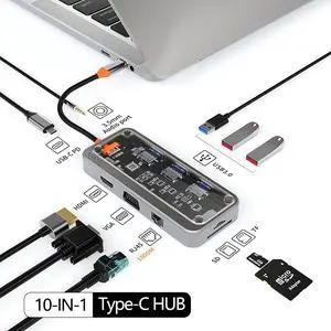 USB C Laptop Docking Station,Transparent 10 in 1 Type C Hub Multiport Adapter Dongle with, HDMI, VGA, PD, Ethernet, SD/TF, USB 3.0 Ports, Mic/Audio, Compatible for Laptops Notebook