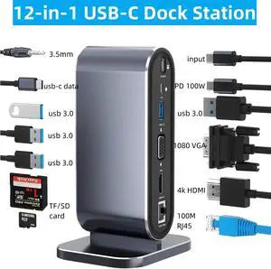 Vertical USB C Hub, 4K HDMI USB C Docking Station, 12 in 1 USB Hub with 4 USB-A 5Gbps, PD 100W,  USB-C Data, Network, TF/SD Card Reader,Mic/Audio USB C Adapter for Laptops