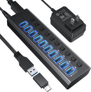 Powered USB Hub, 10-Port USB Splitter Hub (10 Data Transfer Ports+ 4 Smart Charging) with Individual LED On/Off Switches, USB Hub 3.0 Powered with Power Adapter for Mac, PC