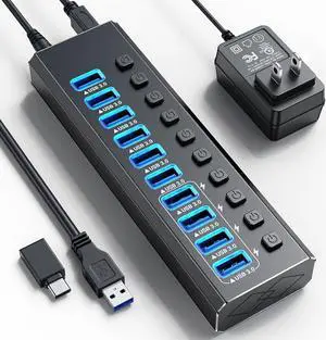 10-Port USB 3.0 Hub with 10 Port USB 3.0 Ports, 4 Smart Charging, USB Splitter with Individual On/Off Switches and 12V/4A Power Adapter