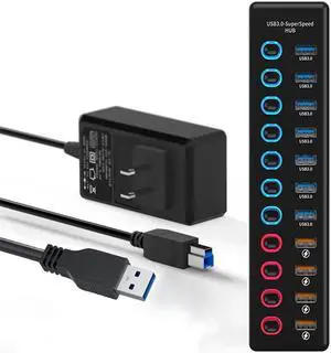 11-Port USB A Data Hub with 36W Power Adapter, 7 Faster Data Transfer Ports + 4 Smart Charging Ports, Individual On/Off Switches, 12V/3A DC Power Adapter for Laptops, PC