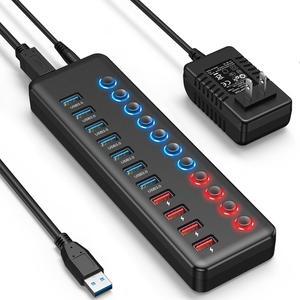 Powered USB Hub, 11 Port 36W USB Hub 3.0 with 7*USB 3.0 Faster Data Transfer Ports + 4* Smart Charging Port, Individual On/Off Switches, 12V DC Power Adapter for Laptops, PC
