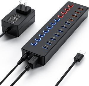 Powered USB Hub, 11-Port USB Splitter Hub (7 Faster Data Transfer Ports+ 4 Smart Charging Ports) with Individual LED On/Off Switches, USB Hub 3.0 Powered with Power Adapter for Mac, PC
