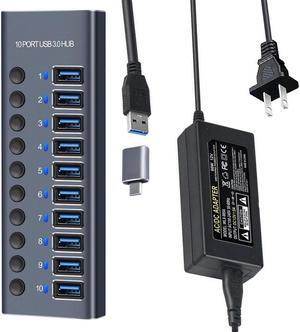 Powered USB Hub 3.0, 10-Port USB 3.0 Hub [Durable Aluminum] 10 Data Transfer Ports with Individual On/Off Switches, USB Hub 3.0 Powered with Power Adapter for Laptop PC