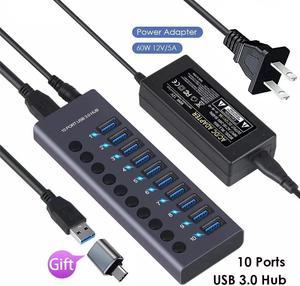 Powered USB Hub, 10-Port USB Splitter Hub (10 Faster Data Transfer Ports) with Individual LED On/Off Switches, USB Hub 3.0 Powered with Power Adapter for Mac, PC