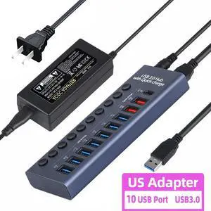 Powered USB Hub 3.0, 10-Port USB 3.0 Hub [7 USB 3.0 Data Transmission Ports + 2 Smart Charging Ports + 1 PD Charging Port] with Individual On/Off Switches, USB Hub 3.0 Powered for Laptop PC