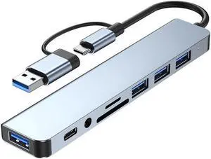 USB A/C Docking Station for USB C Laptops and Other Type C Devices , 8 in 1 Computer Hub Adapter to 4USB, TF/SD Card Reader, 3.5mm Audio and 100W PD
