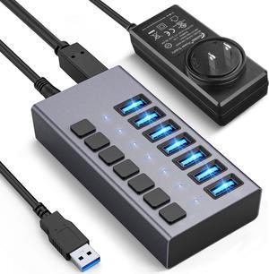 Powered USB Hub, 7 Port USB 3.0 Hub Splitter Portable Aluminum USB Data Hub Expander with Individual On/Off Switch and Universal 12V3A AC Adapter, 3.3ft USB 3.0 Cable (HS082-7U)