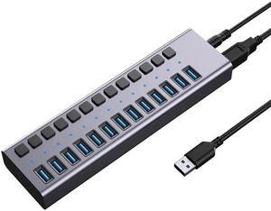 Powered USB Hub, 16 Port USB 3.0 Hub Splitter Portable Aluminum USB Data Hub Expander with Individual On/Off Switch and Universal 12V7.5A AC Adapter, 3.3ft USB 3.0 Cable (HS082-16U)