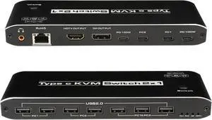 ESTONE 8K@60Hz USB C KVM Switch 2 in 1 Out Box, with 2 Computers 1 Monitor, 2 PCs Share 1 Monitor and One Keyboard Mouse and 5 USB2.0 Port, 3.5mm Audio, RJ45 Network for Mac, Windows