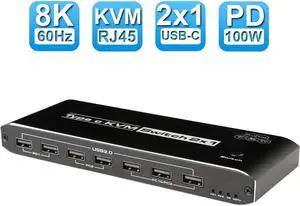 ESTONE 8K@60Hz 4K@120Hz 2 in 1 Out USB-C KVM Switch with Audio,RJ45 for 2 Computers 1 Monitor, 2 PCs Share 1 Set of Keyboard, Mouse, And 5 Port USB Port for Mac, Windows