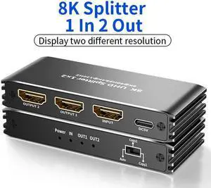 8K HDMI Splitter 1 in 2 Out,ESTONE 8K HDMI Splitter V2.1b Powered Audio Video Distributor Duplicate/Mirror Screen, 1x2 HDMI Splitter for TV Support 8K 60Hz 3D for Xbox, PS5, Blu-Ray Player, HDTV