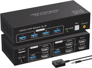 8K@60Hz HDMI Dual Monitor kvm Switch 2 Monitors 2 Computers 4K@120Hz USB 3.0 Extended Display KVM switcher with 4 USB Ports Wired Controller 12V DC Adapter 2 USB Cables Included