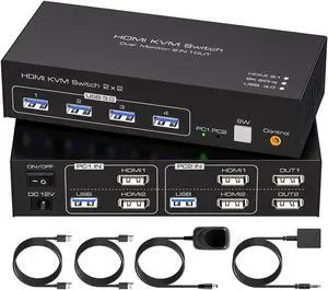 Dual Monitor HDMI KVM Switch HDMI 2 Port 8K@60Hz, USB HDMI Extended Display Switcher for 2 Computers Share 2 Monitors and 4 USB 3.0 Hub,Desktop Controller and USB HDMI Cables Included