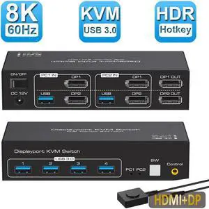 HDMI DP Dual Monitor KVM Switch 2 Monitors 2 Computers 8K@60Hz USB 3.0 KVM Switches for 2 PC or Laptops Share 1 Set of Keyboard Mouse Printer and Scanner Support Extended & Duplicate Mode