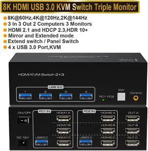 8K KVM Switch HDMI 3 Monitors 2 Computers Support 8K@60Hz 4K@120Hz KVM Switcher PC Display Share 3 Monitors and 4 USB 3.0 Support Copy and Extend Mode Includes Desktop Control