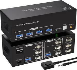Triple Monitor HDMI KVM Switch HDMI 3 Port 8K@60Hz, USB HDMI Extended Display Switcher for 2 Computers Share 3 Monitors and 4 USB 3.0 Hub,Desktop Controller and USB HDMI Cables Included
