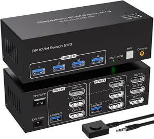 3port Displayport Triple Monitor KVM Switch 3 Monitors 2 Computers 8K@60Hz USB 3.0 DP KVM Switches for 2 PC or Laptops Share 1 Set of Keyboard Mouse Printer and Scanner