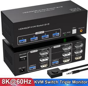 Triple Monitor HDMI+2 Displayport KVM Switch, 3 Port 4K@120Hz 8K@60Hz 2DP HDMI USB KVM Switcher for 2 Computers 3 Monitors with 4X USB 3.0 Ports, Support Windows, MacOS, Linux, Unix