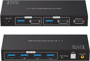 2 Port DisplayPort 2x1 DP KVM Switcher Switch DP 1.4 8K@60Hz Supports 4 Ports USB 3.0 Devices Control up to 2 DP Port Device with Wired Controller