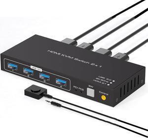 USB 3.0 KVM Switch HDMI 2.1 for 2 Computers with 8K@60Hz / 4K@120Hz / 4K@144Hz Display Port Video & 4x 5Gbps USB Ports, FreeSync, G-SYNC and HDR Support - Wired Controller